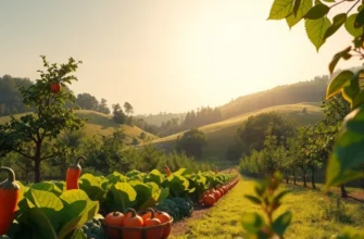 A lively landscape showcasing organic fruits and vegetables in a sunlit setting.