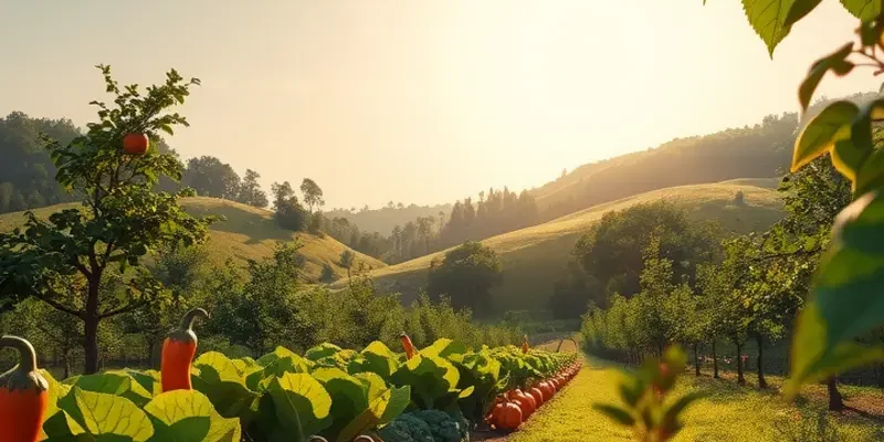 A lively landscape showcasing organic fruits and vegetables in a sunlit setting.