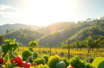 A sunlit field filled with bright organic fruits and vegetables.