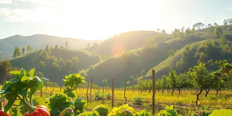 A sunlit field filled with bright organic fruits and vegetables.