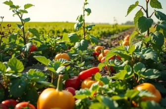 A sunlit field with abundant organic fruits and vegetables amidst lush greenery.