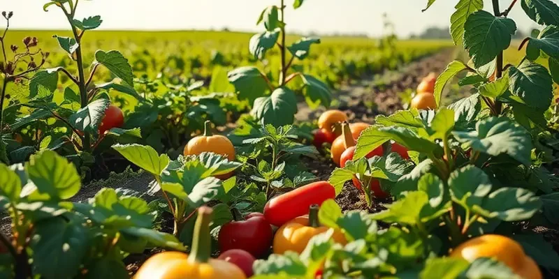 A sunlit field with abundant organic fruits and vegetables amidst lush greenery.