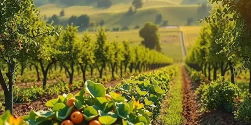 A beautiful natural landscape featuring vibrant, organic fruits and vegetables.