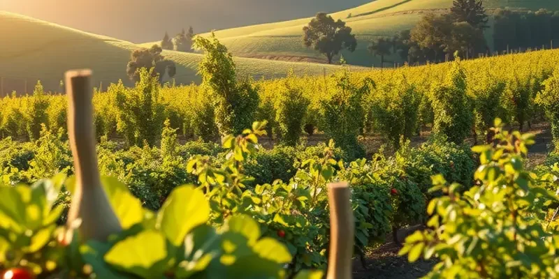 A sunlit landscape with lush greenery and abundant organic fruits and vegetables.