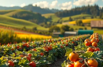 A sunlit field showcasing organic fruits and vegetables growing in a lush environment.
