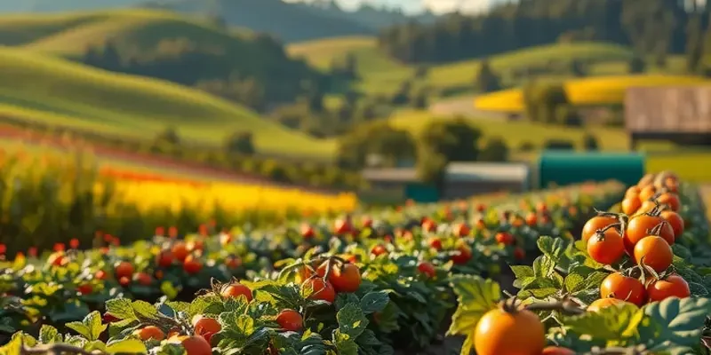 A sunlit field showcasing organic fruits and vegetables growing in a lush environment.