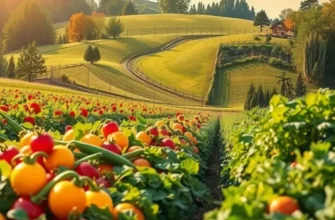A vibrant landscape showcasing a variety of fresh organic fruits and vegetables growing in a sunlit field.