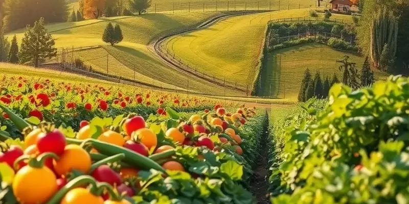 A vibrant landscape showcasing a variety of fresh organic fruits and vegetables growing in a sunlit field.