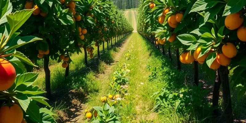 Lush green landscape with vibrant organic vegetables and fruits, symbolizing sustainability and healthy nutrition.