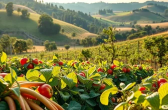 A lush landscape of organic produce illuminated by sunlight.