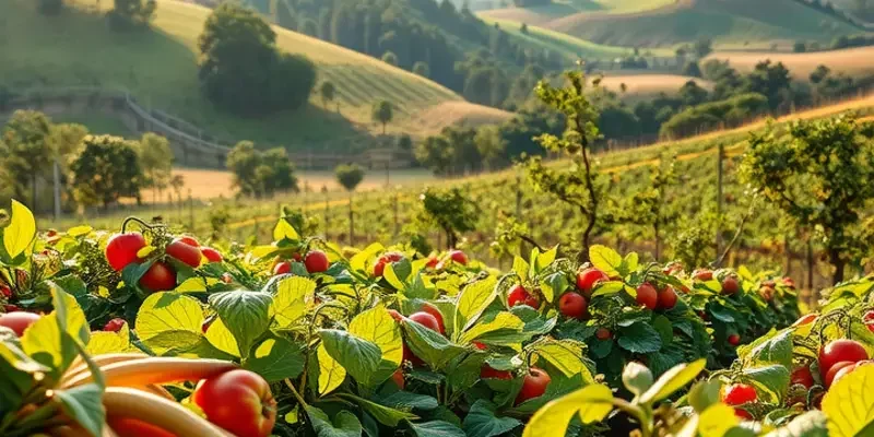 A lush landscape of organic produce illuminated by sunlight.