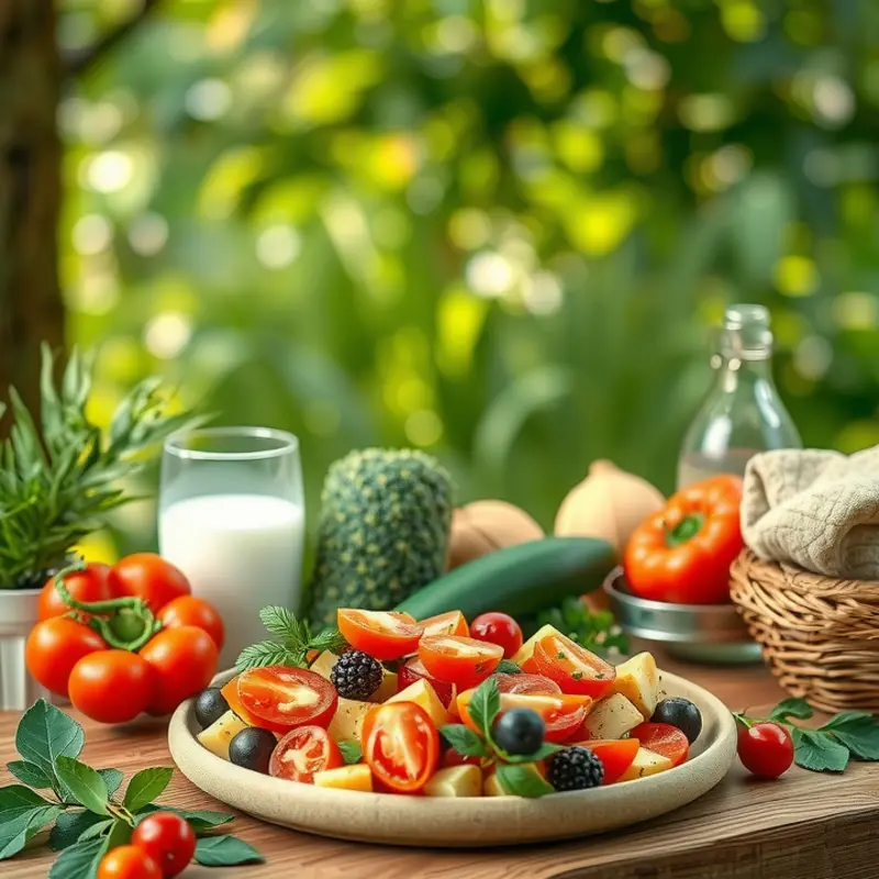 A vibrant landscape filled with vegetables and fruits under warm sunlight.