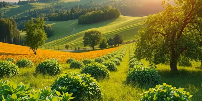 An expansive orchard filled with colorful fruits and vegetables, illustrating sustainable food choices.