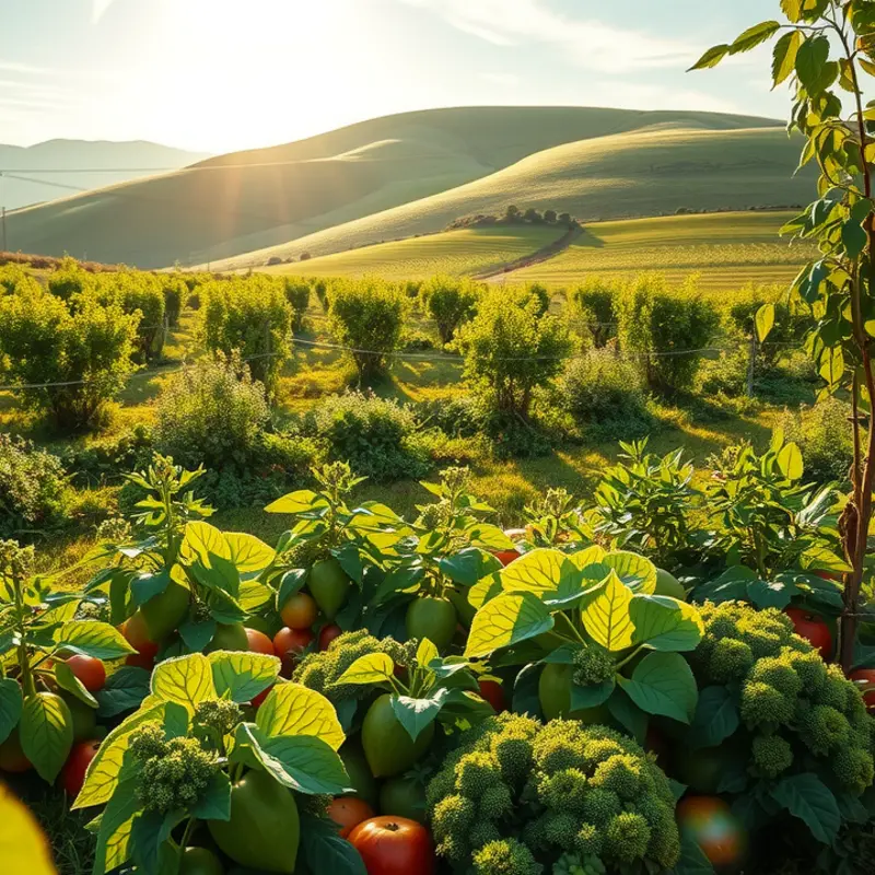 A sunlit orchard bursting with organic vegetables and fruits, encouraging sustainable dining practices.