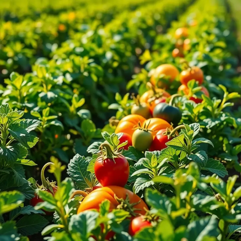A vibrant and organic landscape depicting fresh vegetables and fruits in a sunlit field.