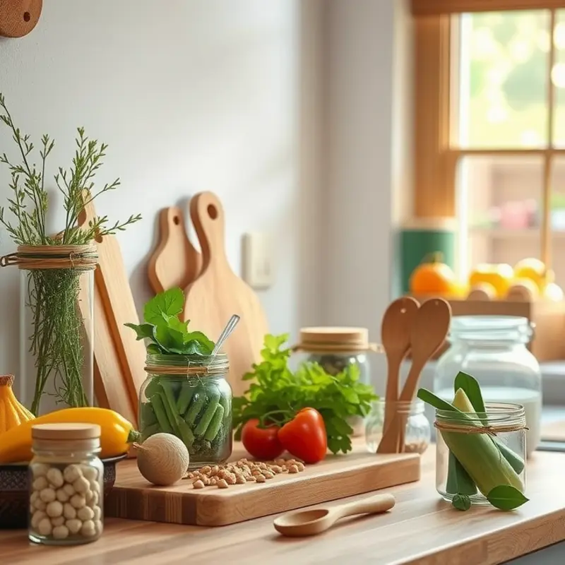 A kitchen scene featuring bamboo utensils and glass storage containers with fresh organic ingredients.