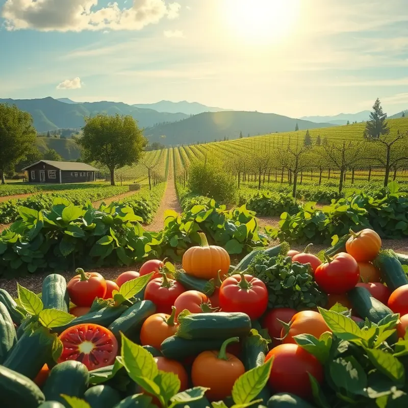 A vibrant, sunlit orchard full of fresh produce.