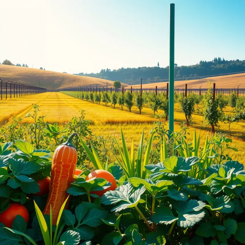 A sunlit field filled with vibrant organic vegetables and fruits.