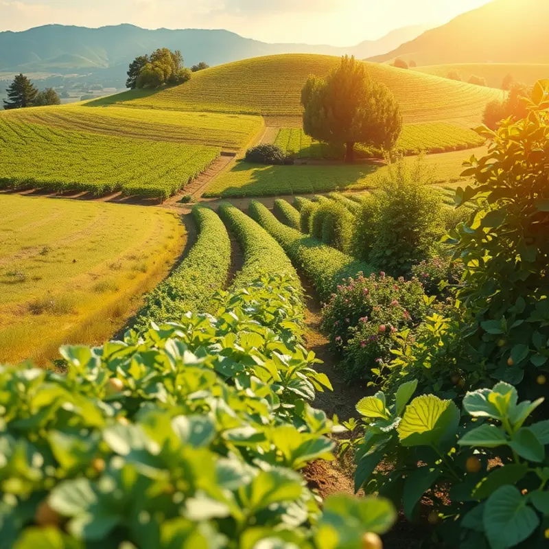 A sunlit orchard filled with vibrant vegetables and fruits.