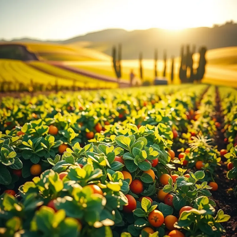 A vibrant sunlit field bursting with fresh vegetables, symbolizing nature’s bounty.