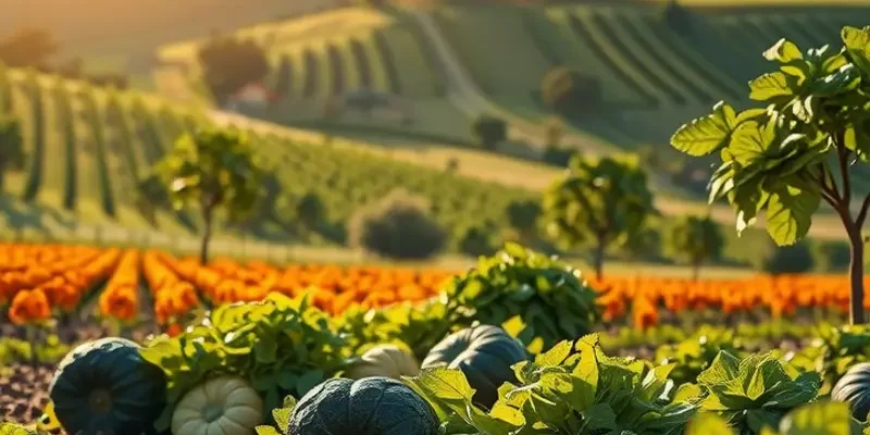 A scenic view featuring a variety of fruits and vegetables, representing health and nutrition.