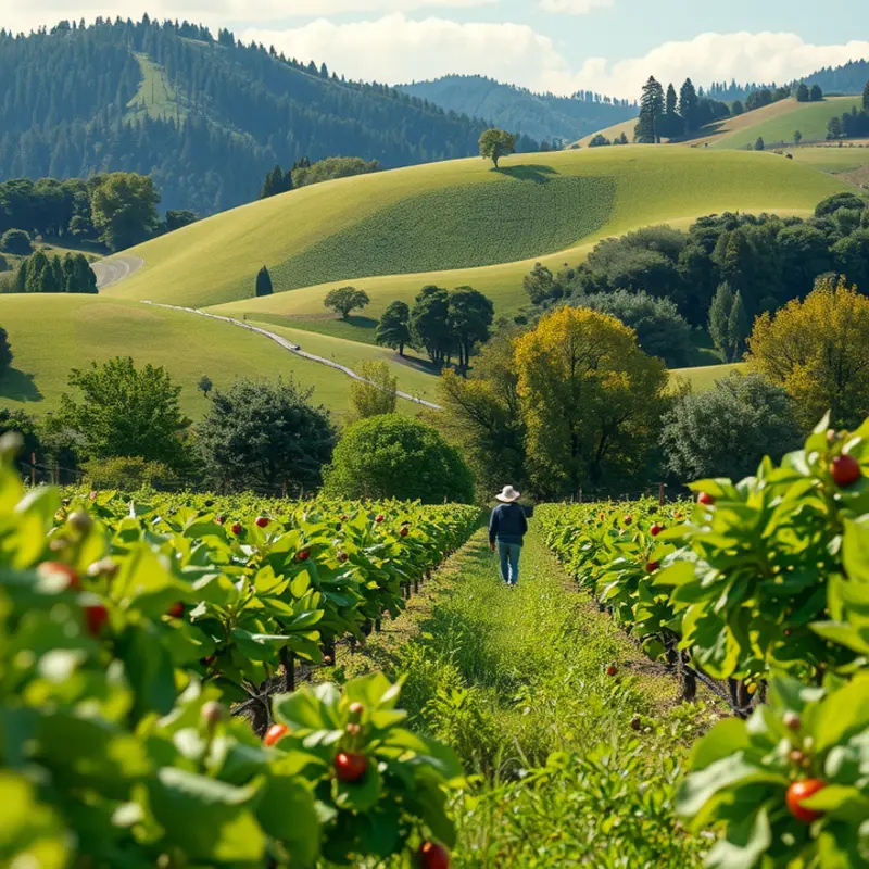 A vibrant sunlit field showcasing an array of organic fruits and vegetables.