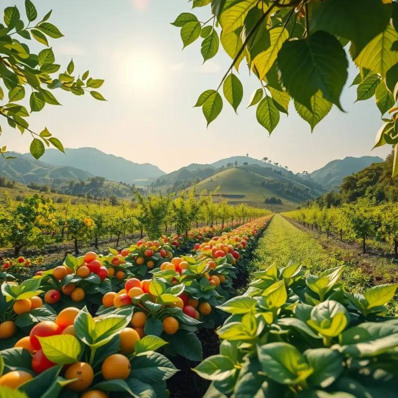 A serene landscape filled with vibrant produce symbolizes the nourishing qualities of comfort foods.