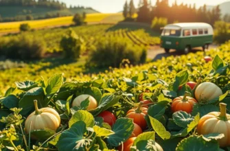 A harmonious landscape of fresh vegetables and fruits under a clear sky.