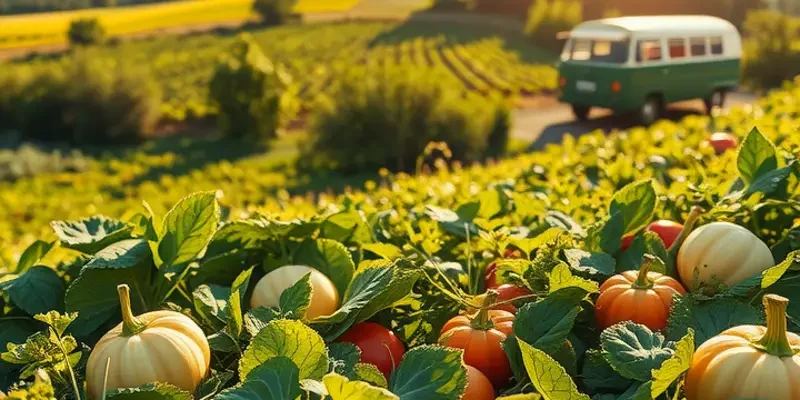 A harmonious landscape of fresh vegetables and fruits under a clear sky.