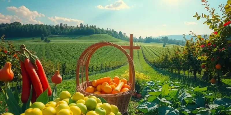 A sunlit orchard filled with vibrant produce, symbolizing the benefits of high-energy vegan eating.