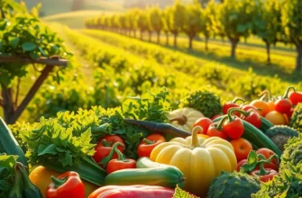A picturesque landscape of an organic orchard rich with fruits and vegetables.