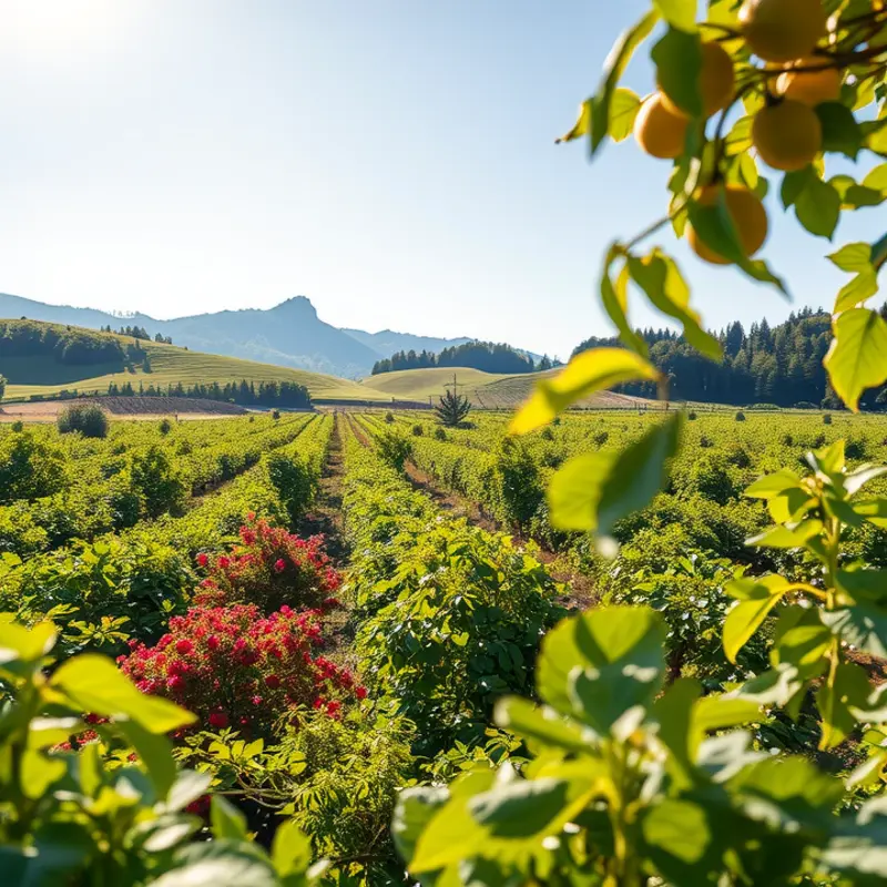 A sunlit field with vibrant, organically grown vegetables and fruits.