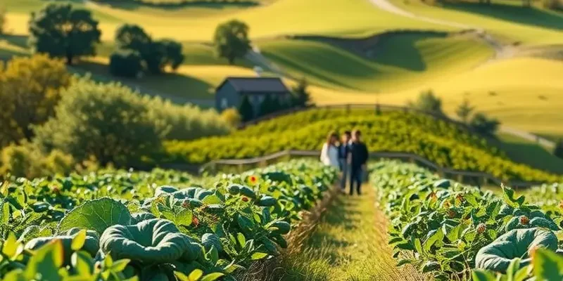 Rich landscape of vibrant fruits and vegetables growing naturally under soft lighting.