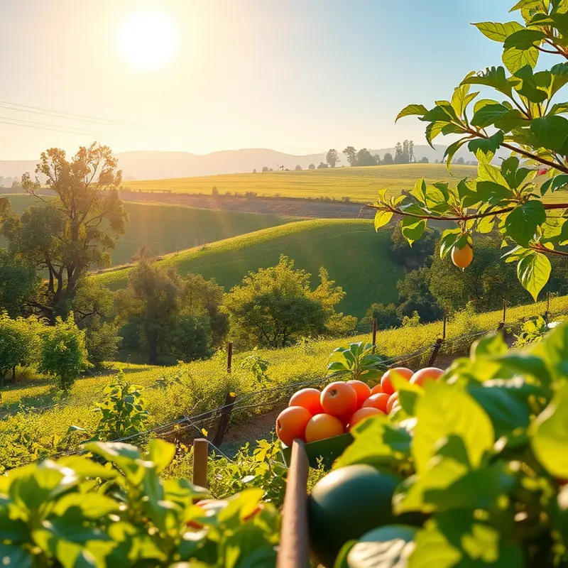 A sunlit orchard showcasing vibrant fruits and vegetables that nourish the brain.