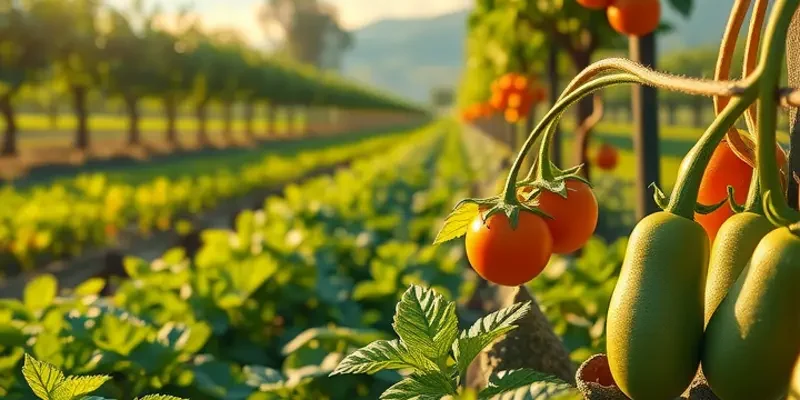 A sunlit landscape filled with organic fruits and vegetables, symbolizing ethical eating.
