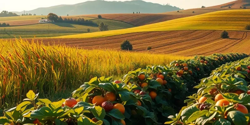 A lush sunlit orchard filled with ripe fruits and vegetables highlighting sustainable agriculture.