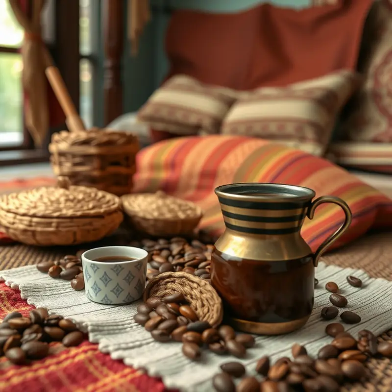 An Ethiopian coffee ceremony, showcasing the *jebena*, roasted beans, and a warm gathering.
