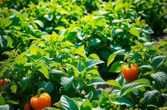 Sunlit field with vibrant vegetables growing amidst lush greenery.