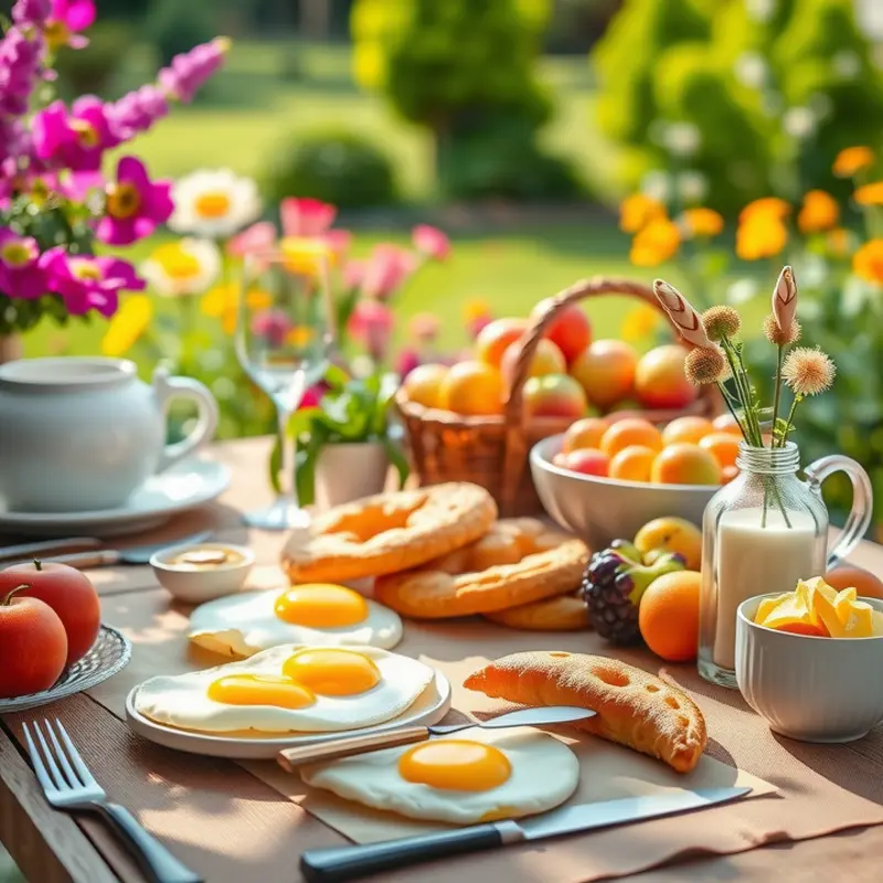 A beautiful showcase of traditional European breakfast items set against a vibrant natural backdrop.