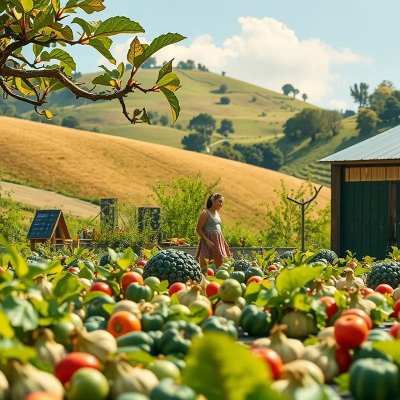 A serene landscape of vibrant fruits and vegetables, symbolizing the rich agricultural traditions behind European confectionery.