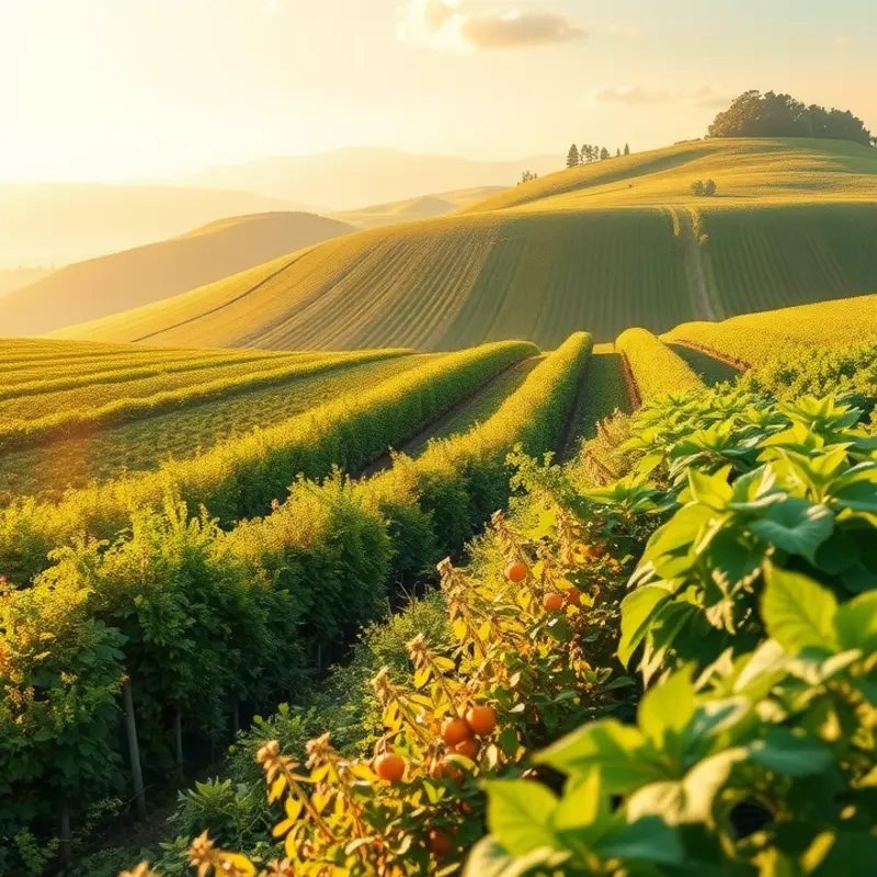 A vibrant landscape displaying lush greenery and abundant organic produce.