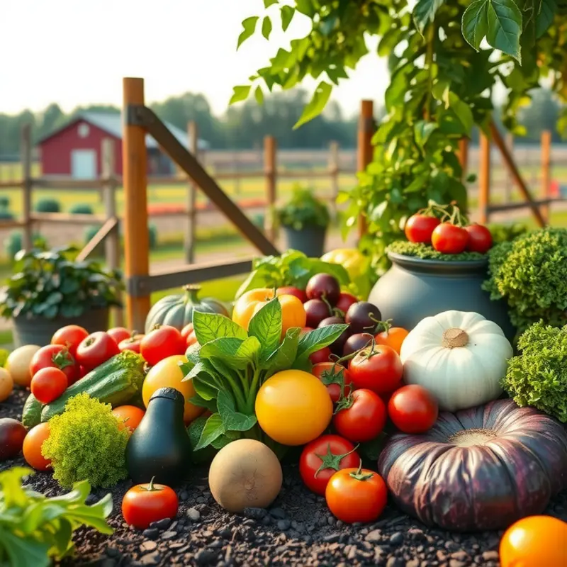 A vibrant sunlit field showcasing the abundance of organic vegetables and fruits.