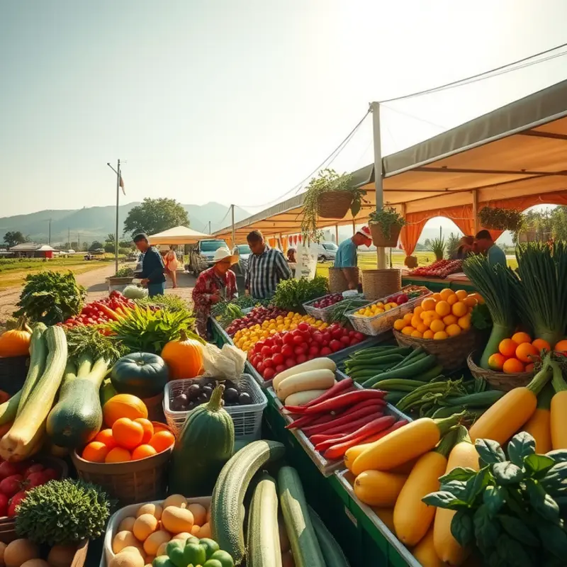 A farm market displaying an abundance of healthy produce under a bright sky.