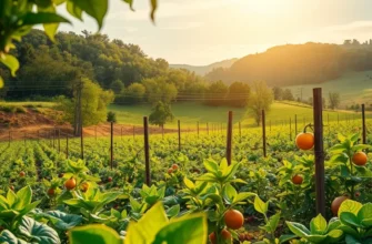 A sunlit field showcasing an abundance of organic fruits and vegetables in a natural setting.