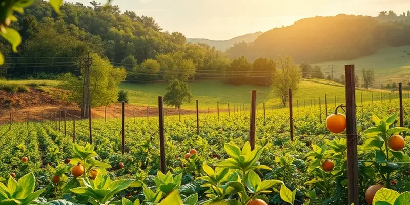 A sunlit field showcasing an abundance of organic fruits and vegetables in a natural setting.