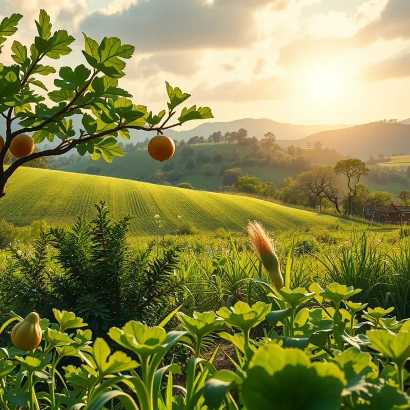 A sunlit field bursting with organic fruits and vegetables, representing the essence of healthy eating.