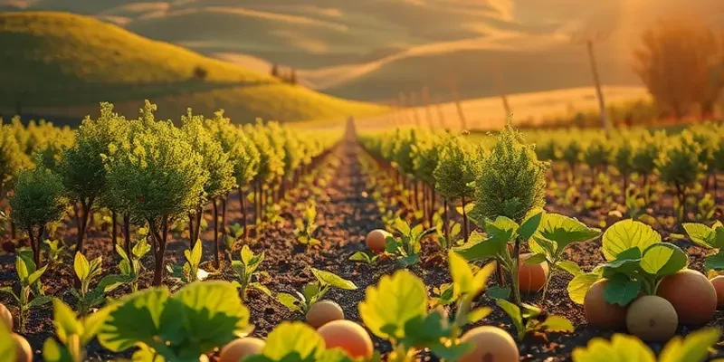 A vibrant orchard with fresh produce under the sun's radiant light.
