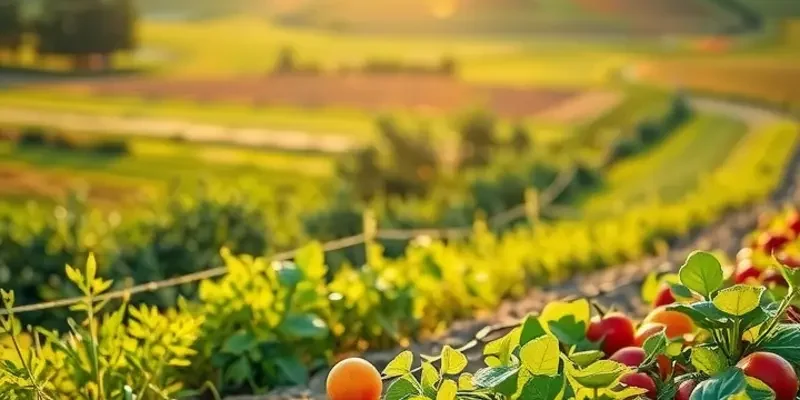 A lush sunlit field filled with diverse organic produce in a natural setting.