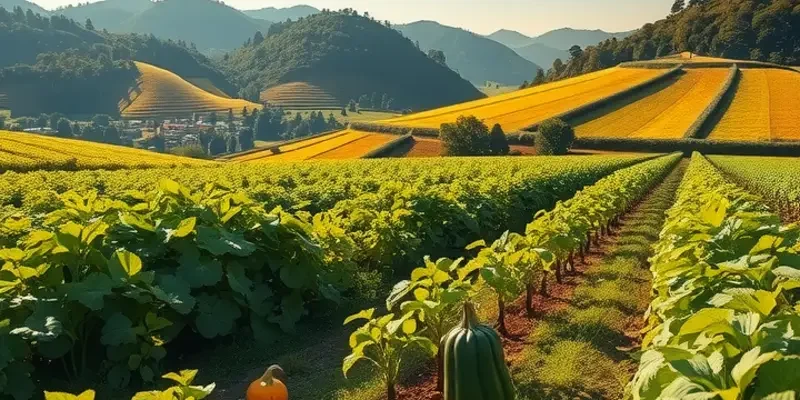 A picturesque field filled with fresh organic produce under warm sunlight, emphasizing the connection to healthy baking.