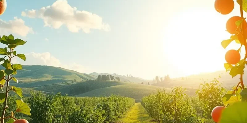 A lush and sunlit field filled with organic produce, representing healthy ingredients used in barbecue.